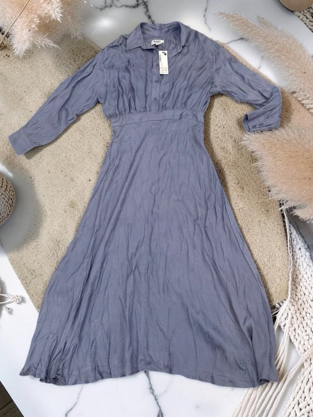 BB Dakota Steve Madden NWT Dusty Blue Jacquard Midi Dress Size 4 Long Sleeves